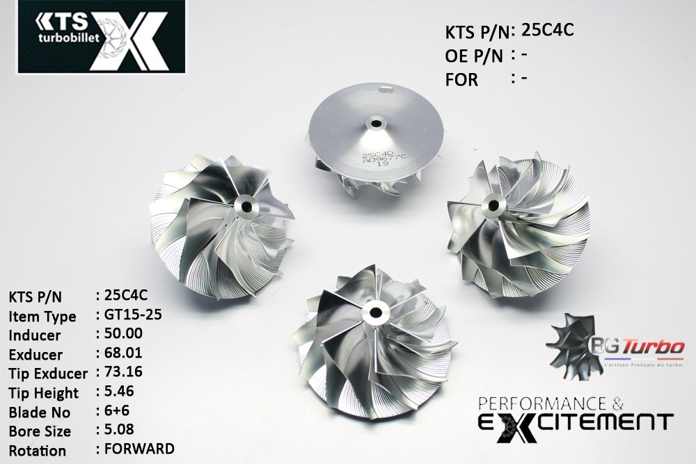 Turbo ROUE FORGÉE MFS PERFORMANCE - 6+6 PALES - INDUCER : 50 - EXDUCER : 68,01 - TYPE : GT15-25ANGLE : 65° - ROTATION : Forward - SUPER BACK : 3,71 - BORE SIZE : 5,08
